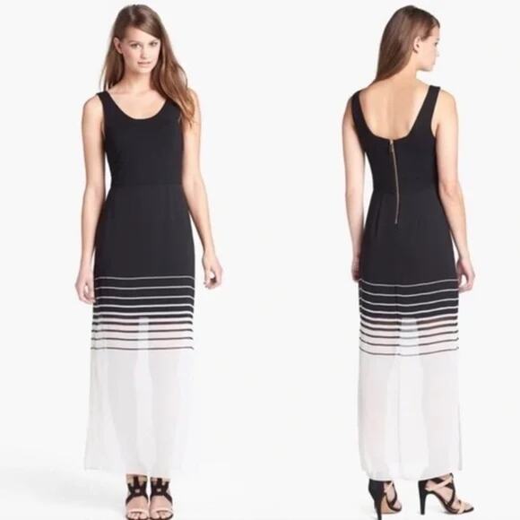 Vince Camuto Maxi Tank Dress sz large Chiffon Overlay Skirt Black Cream Nautical - Picture 1 of 7